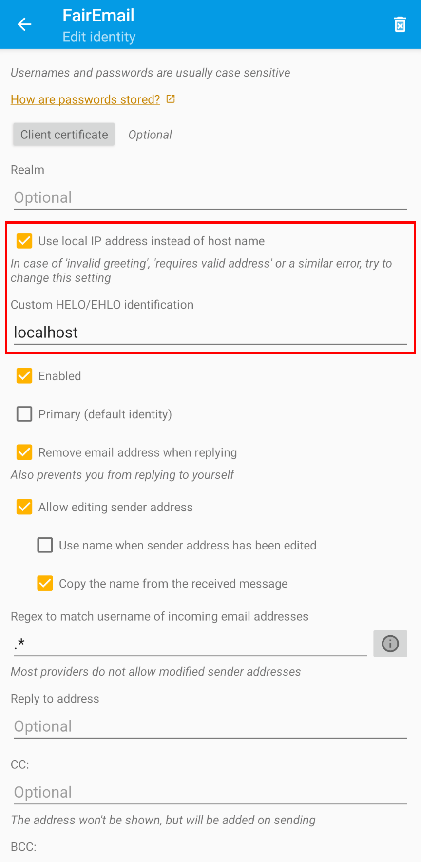 Screenshot of FairEmail Advanced Identity Settings, highlight box around &ldquo;Use local IP address instead of hostname&rdquo; (activated) and &ldquo;Custom HELO/EHLO identification&rdquo; (set to &ldquo;localhost&rdquo;)