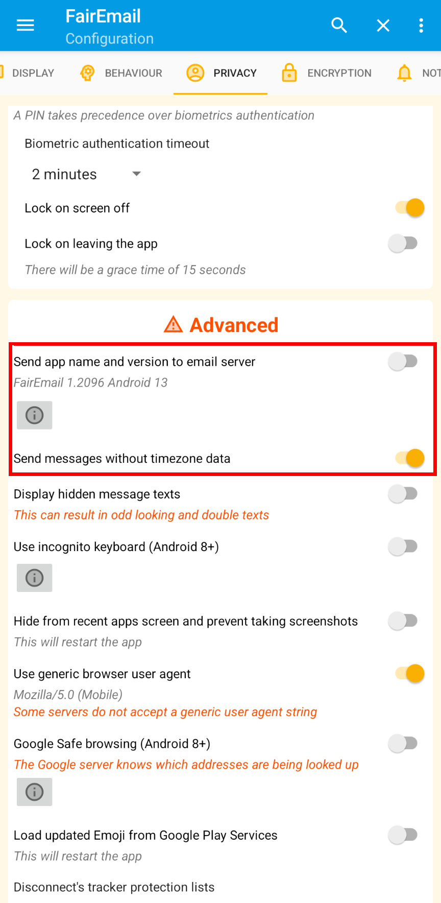 Screenshot of FairEmail Privacy Settings, highlight box around &ldquo;Send app name and version to email server&rdquo; (disabled) and &ldquo;Send messages without timezone data&rdquo; (enabled)